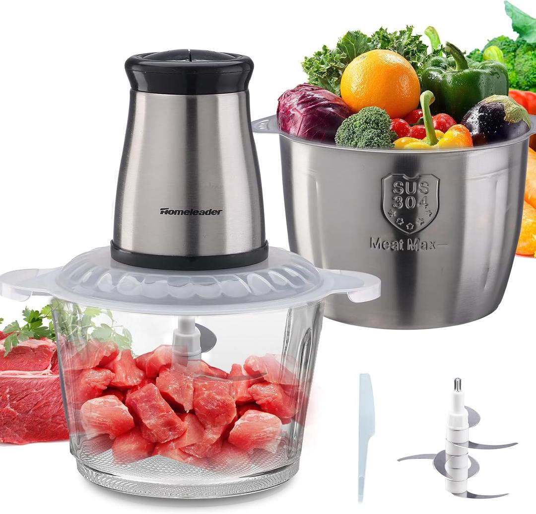 Electric Food Chopper, 5-Cup Food Processor by Homeleader, 1.2L Glass Bowl Grinder for Meat, Vegetables, Fruits and Nuts, Stainless Steel Motor Unit and 4 Sharp Blades, 300W