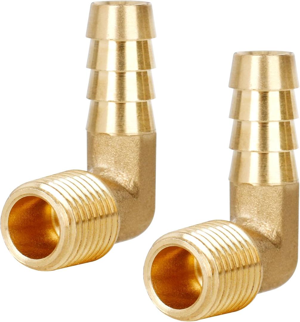 3/8" Barb x 1/4" NPT Male 90 Degree Elbow Brass Hose Fitting, Adapter for Air, Water, Fuel Line