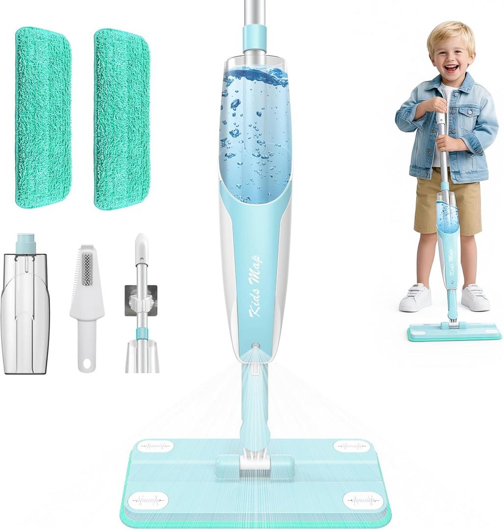Kids Spray Mop - 30 Inch, 420ml Large Water Tank, Effective Cleaning Tool & Fun Montessori Toy, Pretend Play Housekeeping Set Toddlers Love (Blue)