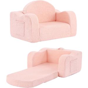 Tiita Kids Chair Couch, Folding Toddler Comfy Sofa Chairs, 2-in-1 Kids Plush Sofas Fold Out, Baby Armrest Chair Sofa to Lounger, Convertible Play Sofas to Bed for Girl or Boy, Pink