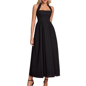 JKMNAO Halter Wedding Guest Midi Dress Corset Flowy A Line Tea Party Sundress 2026 Milkmaid Dresses with Pockets Black, medium