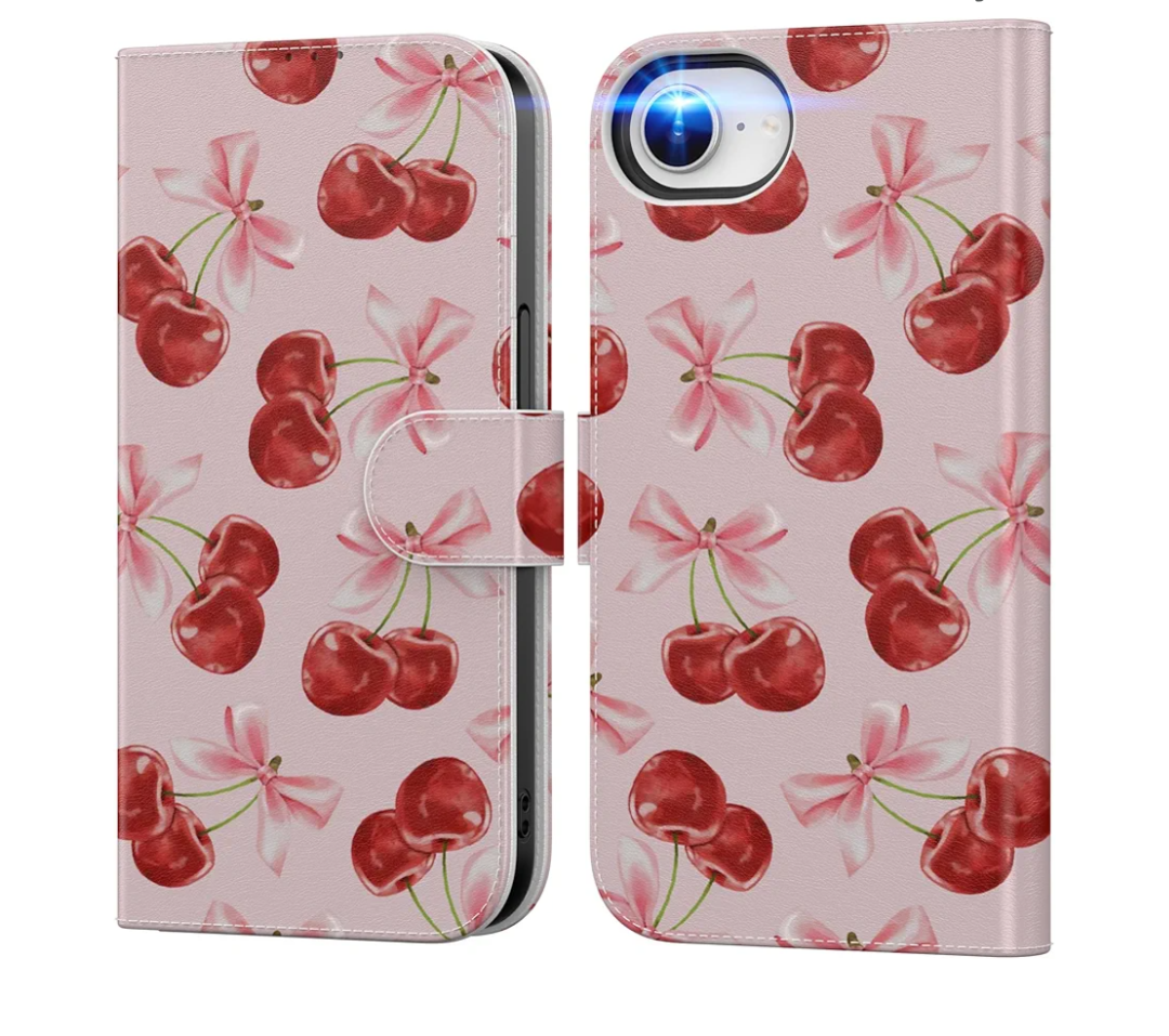 DEENAKIN for iPhone 16e Wallet Case with Card Holder + Cash Clip, RFID-Blocking, Military-Grade Drop Protection & UV-Printed Artwork, Magnetic Closure with Leather Kickstand - Sweet Cherry