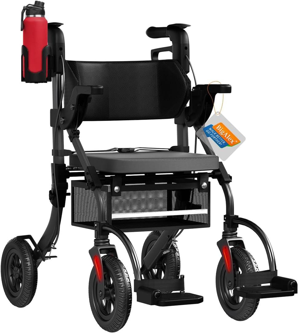 BigAlex Rollator Walker with Seat,2 in 1 Rollator Walker Transport-Wheelchair,10" All-Terrain Wheel for Outdoor & Indoor Use,Wider Seat for Users,Wheelchair Combo-Lightweight,Black