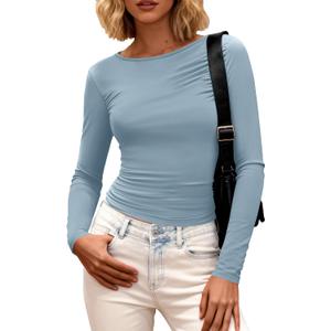 BTFBM Womens Tops 2025 Fall Clothes Long Sleeve T Shirts Boat Neck Ruched Slim Fit Casual Stretchy Going Out Outfits (L)