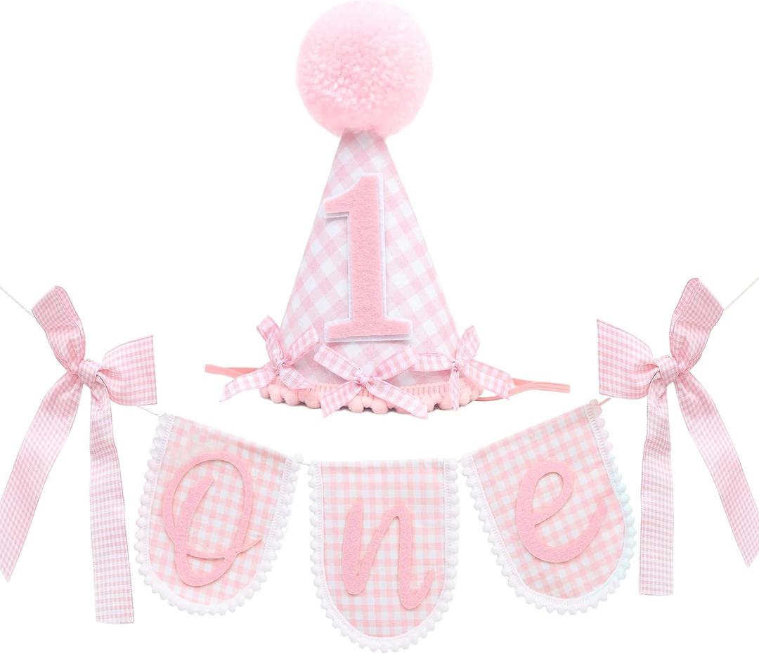 Pink Gingham First Birthday Party Decoration Set, ONE Banner 80 inches, Pink Gingham Party Hat, 5.5 inches, Pom Pom Topper with Number 1, Girls Birthday Decoration