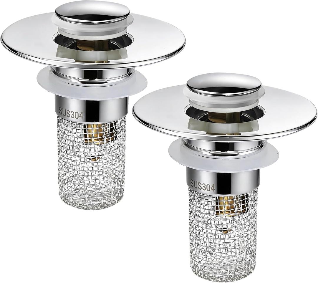 Universal Bathroom Sink Stopper & Hair Catcher, Stainless Steel Drain Filter Strainer, Anti-Clog Pop Up Drain Stopper for US Standard Bathroom Sinks(2PCS)