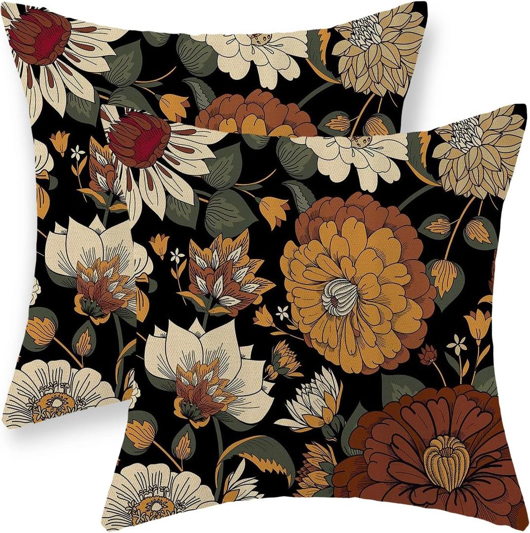 Spring Summer Pillow Covers 18x18 Inch Set of 2, Vintage Boho Floral Throw Pillows Botanical Tropical Leaves Pillowcase Bohemian Outdoor Decorative Linen Black Cushion Case for Couch Home Decor