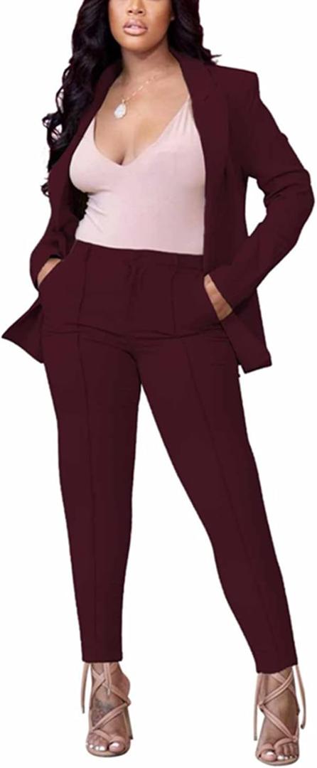 Women's 2 Piece Outfit Deep V Long Sleeve Solid Color Blazer with Pants Elegant Business Suit Sets (XX-Large, Wine Red-2767)