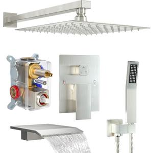 Shower System with Tub Spout, 12-Inch High-Pressure Rain Showerhead and Handheld Combo, Brushed Nickel Shower Faucet Set with Rough-in Valve and Trim, Wall Mounted 3-Way Shower Set