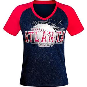 Womens City Baseball Fans Vintage Glitter Sporty V-Neck Tee Shirts - Navy & Red M