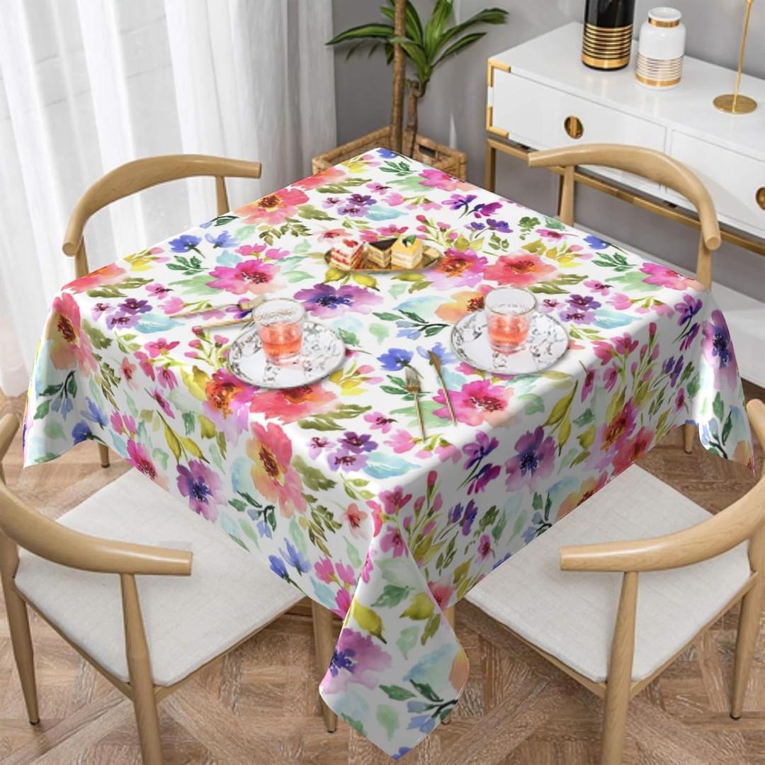 Spring Tablecloth 5454 Inch Square Watercolor Floral Table Cloth Water-Resistant Spill-Proof Washable Fabric Tablecover for Kitchen Dining Party Picnic Indoor Outdoor