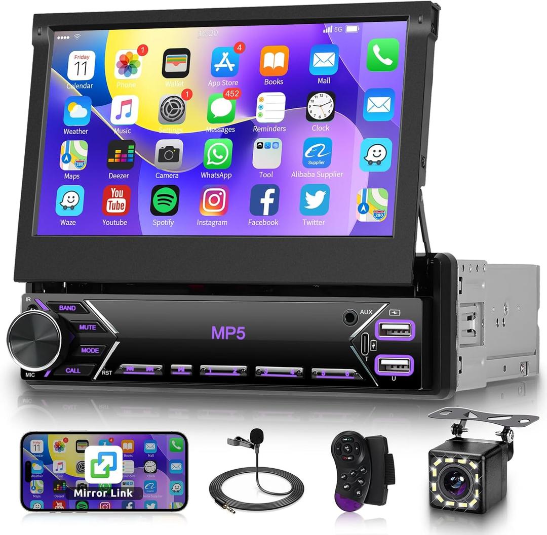 Single Din Flip Out Car Stereo Bluetooth 7 Inch Retractable Touch Screen Car Radio 1 Din Mirror Link/FM/EQ USB/Type-C/AUX SWC, Driauto Car Audio Receiver MP5 Multimedia Player with Backup Camera