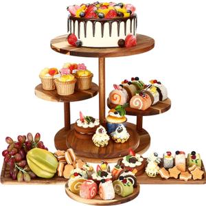Hushee 4 Pcs Wood Round Cupcake Tower Stand with Serving Platters Trays Set, 4 Tier Wooden Cake Stand Tray with 1 Round Dinner Plate 2 Rectangular Plates for Dessert Snack Party, (Brown)