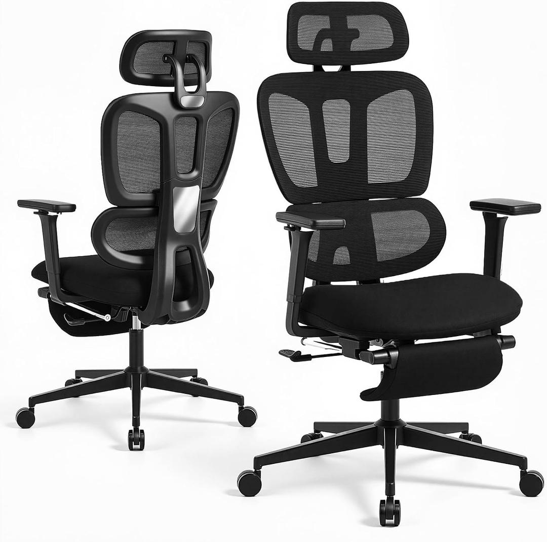 Ergonomic Office Chair with Footrest and Dynamic Lumbar Support, Black, High Back