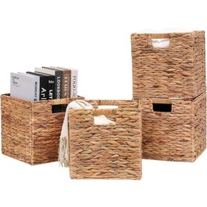 Wicker Storage Cubes Foldable Water Hyacinth Baskets,Handwoven Storage Baskets for Shelves,Kitchen or Outdoor,Set of 4 Pcs,11x11x11inch