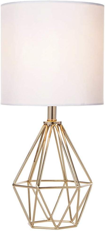 Gold Modern Hollow Out Base Bedroom Small Table Lamp,Bedside Nightstand Lamp with Geometric Metal Base White Fabric Shade,Cute Desk Lamp for Kids Living Room