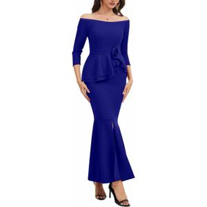 Evening Gowns for Women Formal Off Shoulder Wedding Guest Party Dress Elegant Short Sleeve Split Long Cocktail Dresses (Blue, M)
