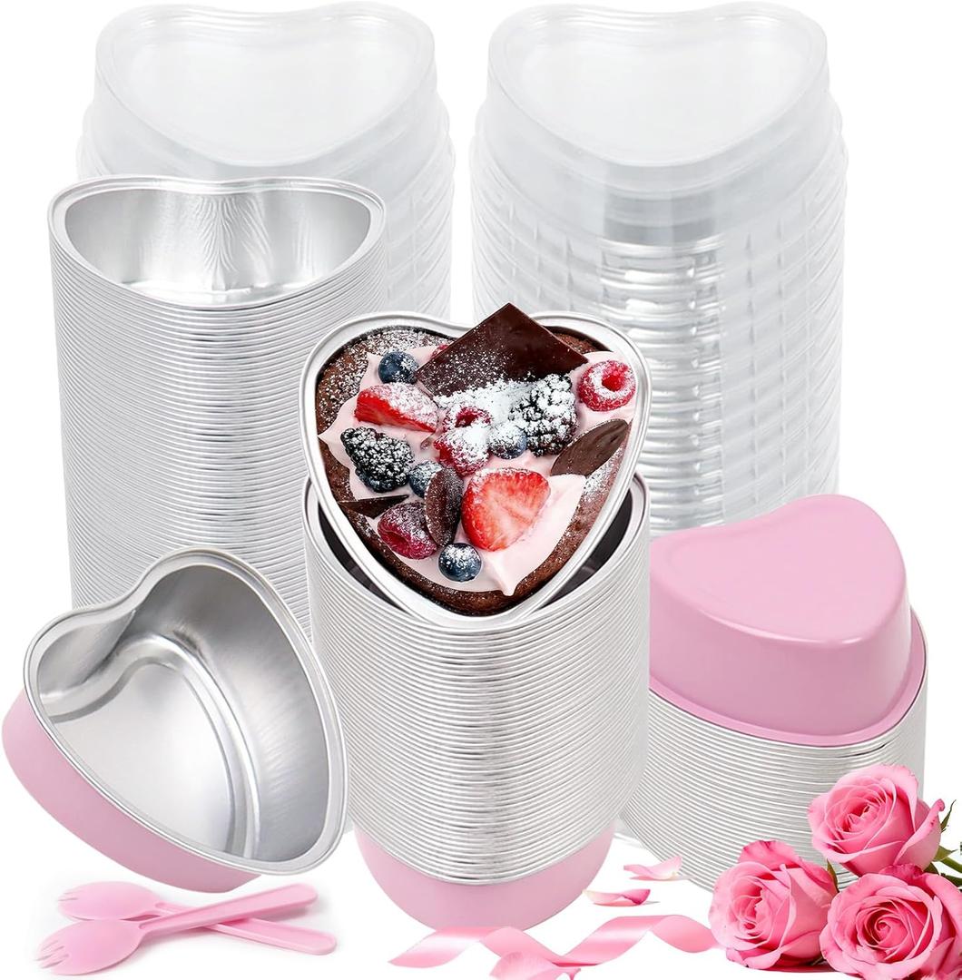 200 Pack 3.4 oz Pink Heart Shaped Mini Cake Pans with Lids, Disposable Aluminum Foil Pans for Valentine's Day Gifts, Cheesecake, Brownies & Romantic Parties