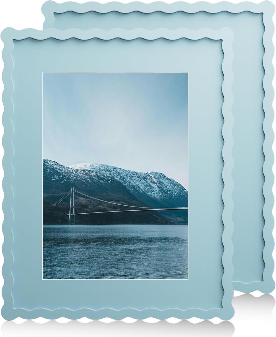 11x14 Wavy Picture Frame With Mat For 8x10, Wavy Edge Wooden Picture Frame with Real Glass - Wall Mount Display, Blue, 2 Pack