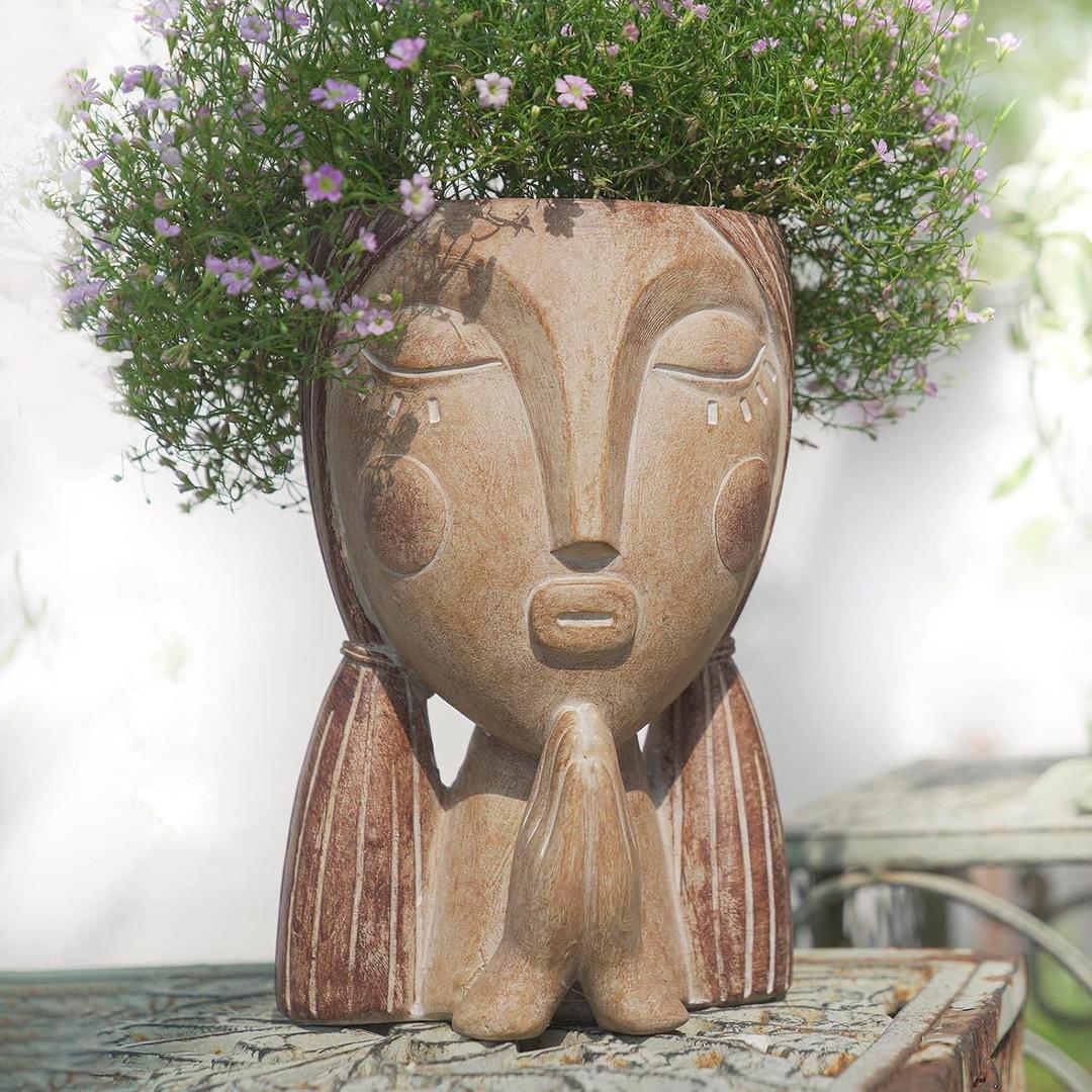 Saysmile Face Planter Pots with Drainage Hole, Resin Head Planters for Indoor Plants Flower Plant Pots Succulent Pot, Cute Girl Face Planter Gifts for Lover-Praying