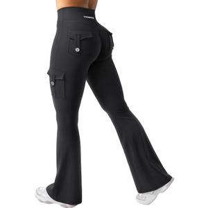 YEOREO CoreFlex Women Workout Flare Leggings with Pockets Hidden Scrunch High Waisted Cargo Gym Yoga No Front Seam Leggings (Small, Black), 32" Inseam