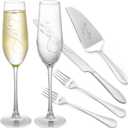 Wedding Champagne Flutes and Cake Knife Server Set for Bride and Groom, Mr and Mrs Wedding Gifts for Couple 2024 for Engagement Bridal Shower Gifts (Silver)
