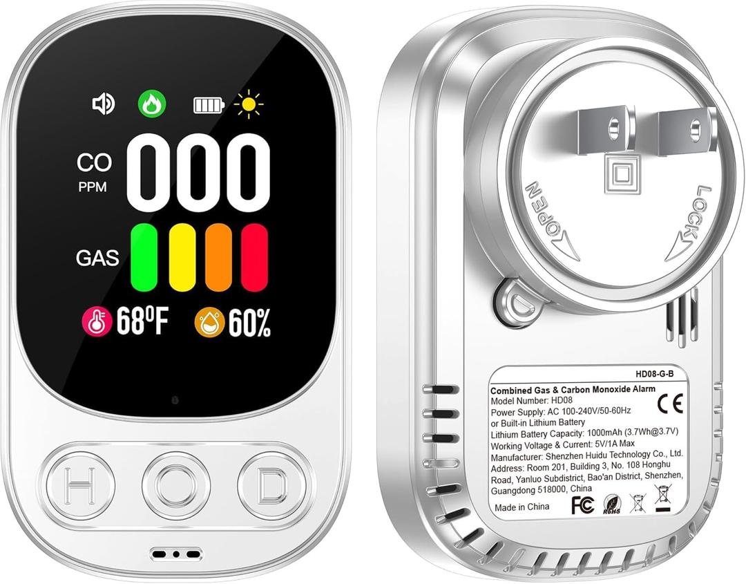 4in1 Plug in Carbon Monoxide Detector & Natural Gas Combination Built-in Backup Battery & 2.1'' HD Screen [CO Gas Temp Humidity] Propane Methane Combustible Gas Alarm (White, 1 Pack)