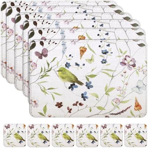 Placemats for Dining Table Set of 6, Flowers Leather Placemats and Coasters, Environmental Table Mats Wipeable Easy Clean for Kitchen Dinner Party, Placemat 6pcs(17x12 inches) with Coasters 6pcs