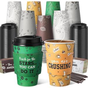100 Sets 12 oz Disposable Coffee Cups with Lids, Sleeves, Straws, Motivational to Go Paper Cups for Hot & Cold Drinks Chocolate Cocoa Beverage Home Coffee Shop Office, 5 Styles