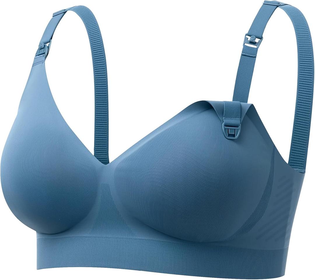 Momcozy CoolFit Nursing Bras for Breastfeeding, Fixed Padding Ultra Stretch Seamless Jelly Strip Maternity Bra, Wireless (Small, Nordic Blue)