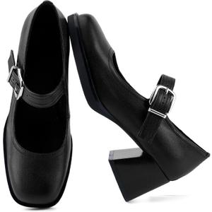Mary Jane Heels for Women, Square Toe Pumps, Buckle Strap, Chunky Heel, 