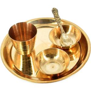 Pooja Thali Set 11 Inch Puja Thali with 11cm Plate Laddu Gopal/Krishna Pooja Set with 1 Thali 2 Katori, 1 Glass, 1 Spoon for Diwali Home Office Mandir Wedding Return Gift Items (Golden) (Large)