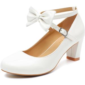 Rjclyh Women's Cute Bow Chunky Heels Mary Jane Pumps Cross Strap Block Dress Shoes for Wedding Bridal Party Prom White Patent Leather US 8