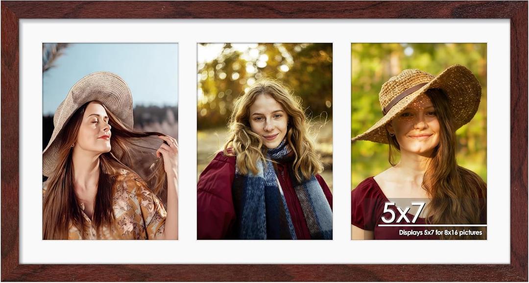 8x16 Collage Picture Frame 5x7 Collage Picture Frame Displays Three 5x7 inch Photos or 8x16 (Without Mat) for Horizontal Wall Mounting Display and Vertical Redwood
