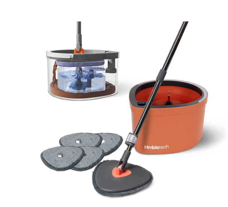 Dual Chamber Spin Mop and Bucket System, Separate Dirty Water, Set with Self-Wringing 360° Rotating Head, Includes 4 Washable Microfiber Pads. (Orange)