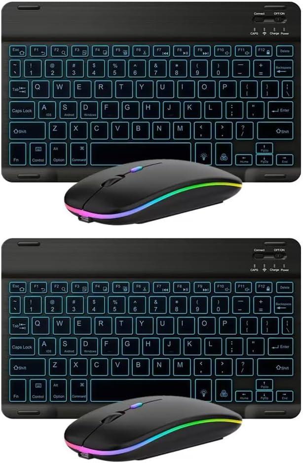 2 Pack Ultra-Slim Bluetooth Keyboard and Mouse Portable Mini Wireless Keyboard Rechargeable 7-Color Backlit for Apple iPad iPhone Samsung Tablet iPhone Smartphone iOS Android Windows, Black