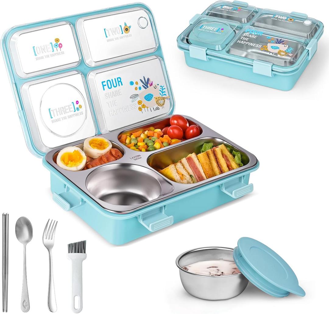Stainless Steel Adult Lunch Box, 28.7oz 4-Compartment Cute Bento Box Kids Snack Containers with 5oz Soup/Condiment Cup, Food Storage Containers With Utensils and Small Cleaning Brush Set - Blue