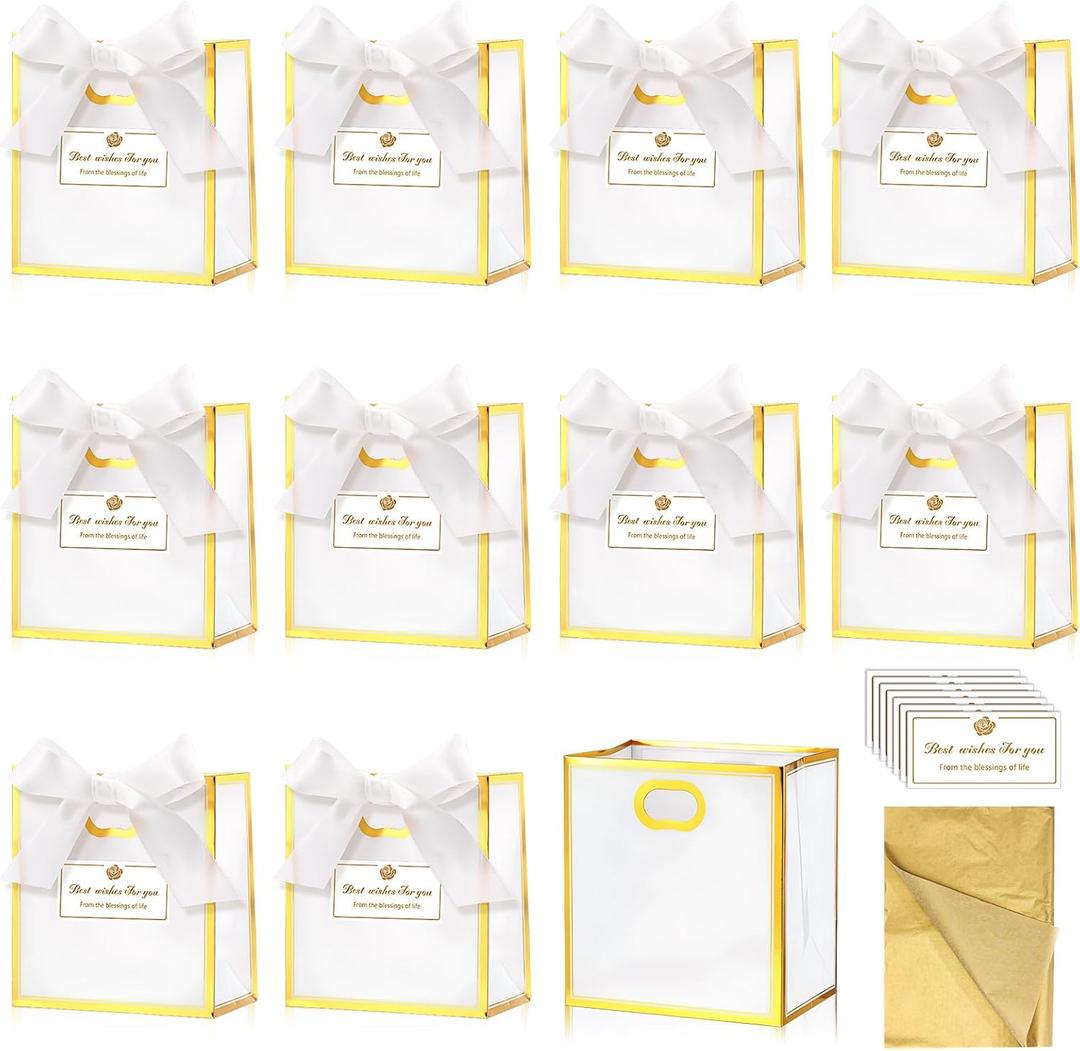 Tenare 12 Pack 42.84.5 Inch Christmas Mini Clear Plastic Gift Bags with Handles Extra Small Transparent Gift Bags Party Favor Bag Bulk with Ribbon Tissue Paper for Party Supplies(White, Gold)