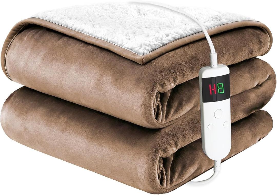 Electric Blanket Heated Throw, Soft Flannel 50"x60" Heating Blanket with 8 Hours Auto Off 10 Fast Heating Levels Machine Washable Sherpa Heated Blanket with Overheating Protection