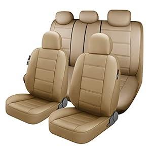 P&J AUTO Premium PU Leather Car Seat Cover Full Set in 11pcs Universal Fit for Cars, Trucks, Vans & SUVs Airbag Compatible Beige