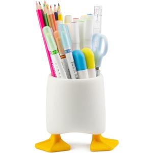 Creative Cute Duck Pen Pencil Holder, Multifunctional Stationery Pen Holder Makeup Brush Holder Kitchen Storage Cup (Duck White+Yellow)