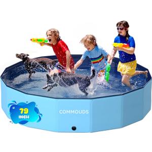 COMMOUDS Foldable Dog Pool, Collapsible Hard Plastic Dog Kiddie Swimming Pool, Portable Pet Bath Tub Wading Pools for Kids and Puppy Small Medium Large Dogs(79inch.D x 16inch.H)