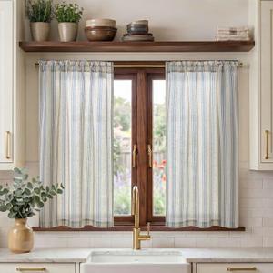 jinchan Striped Linen Kitchen Curtains 45 Inch Cafe Tier Curtains Balanced Stripe Farmhouse Small Drapes for Bathroom Laundry Over Sink Half Window Light Filtering 2 Panels Blue on Linen
