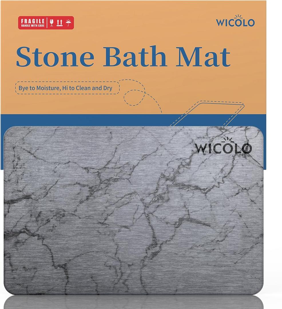 Bath Stone Mat, Diatomaceous Earth Shower Mat Non Slip Instantly Removes Water Drying Fast Bathroom Mat Natural Easy to Clean (23.5 * 15inch, Grey Marble) (1'3" x 1'11" (Rectangular))