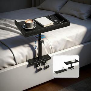 WGSWX Rotatable Bedside Shelf for Dorm Room Bunk Bed & Top Bunk, Adjustable Bamboo Bedside Tray with Metal Telescopic Rod, College Dorm Room Clipon Bedside Table, Loft Nightstand Organizer, Black