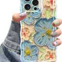 Jusy Compatible with iPhone 14 Pro Max, Colorful Retro Oil Painting Printed Flower Laser Glossy Pattern Cute Curly Wave Phone Case Soft TPU Cover for Girly Women - Blue