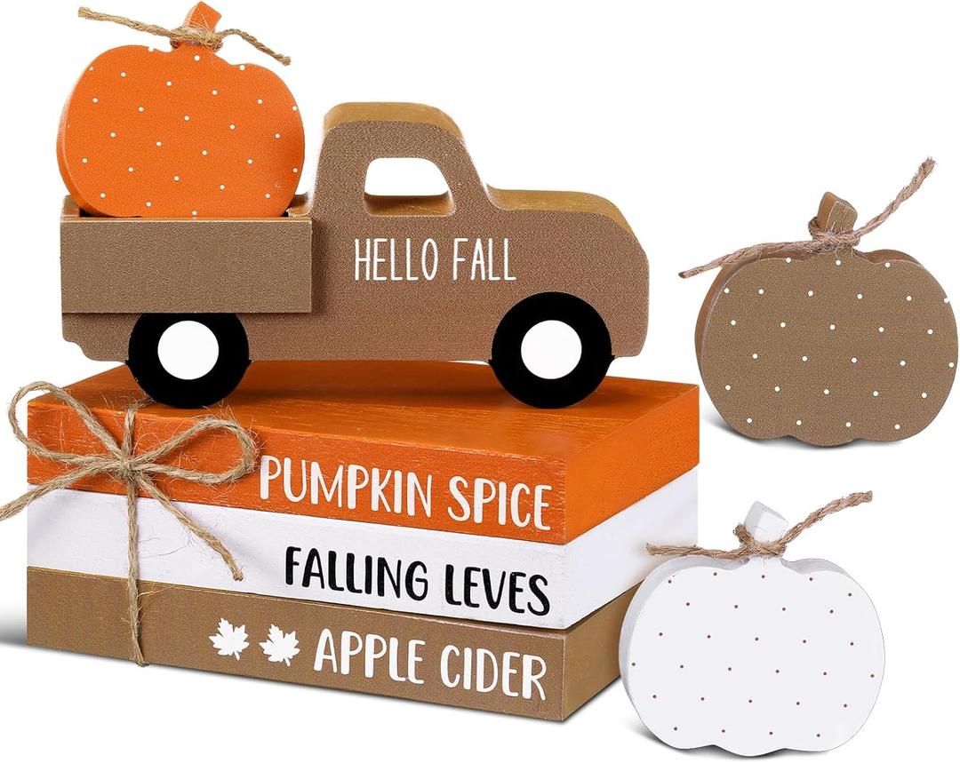 7 Pcs Thanksgiving Fall Table Decor Farmhouse Wooden Fall Signs with Book Stack 3D Truck and Pumpkins for Tiered Tray Autumn Wooden Table Centerpiece for Harvest Mantle Home Bookshelf Gift