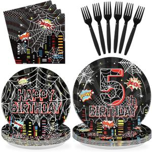 96Pcs Spider 5th Birthday Decorations for Boys Super Theme Hero 5th Birthday Plates and Napkins Black Red Spider Five Years Old Decoration Favors for Kids 5 Year Old Party Supplies Serves 24