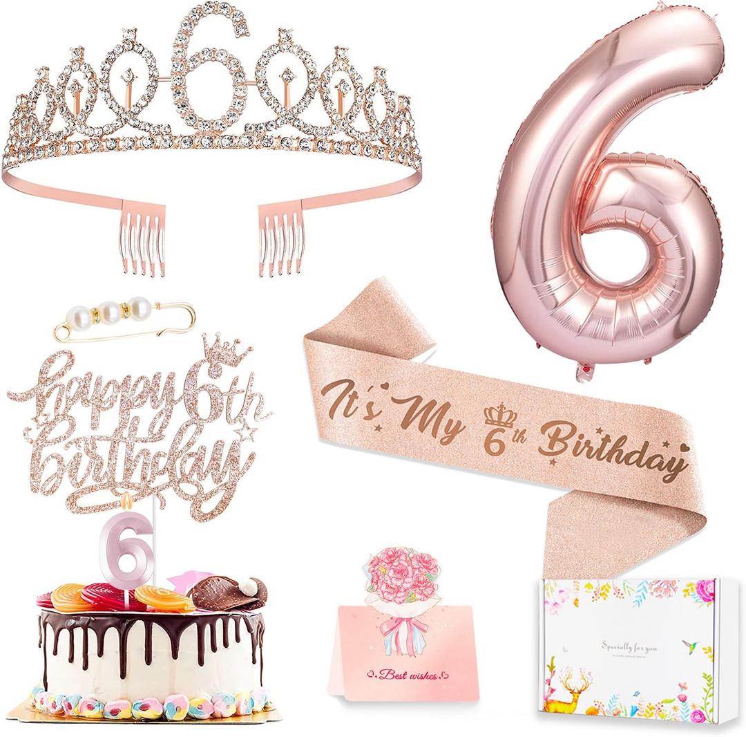 6th Birthday Decorations for Girls, Including 6 year old Birthday Cake Topper, Queen Sash with Pearl Pin, Sweet Rhinestone Tiara Crown, Number Candles and Balloons Set, Rose Gold