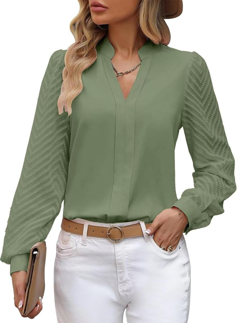Work Blouses for Women Long Sleeve V Neck Tunic Tops for Women Loose Fit Dressy Womens Blouses Fashion Green L (L)